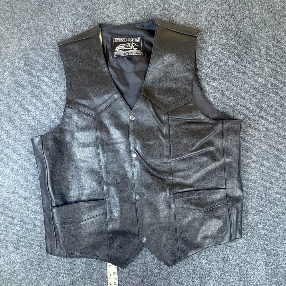 Event Leather Motorcycle Vest Mens XL Black Genuine Leather V-Neck Snap Front